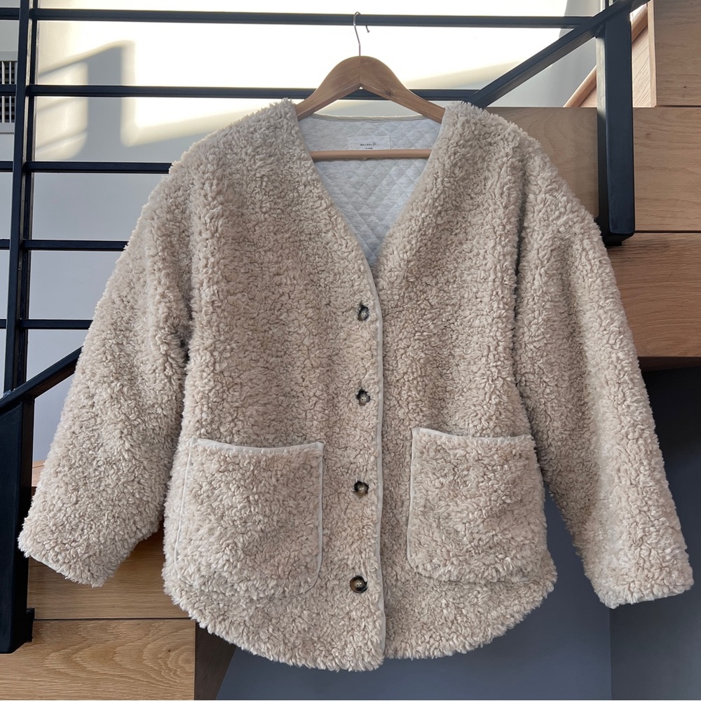 Amente Wool Blended Cardigan Jacket size XS/S Oatmeal Faux Fur Teddy Jacket